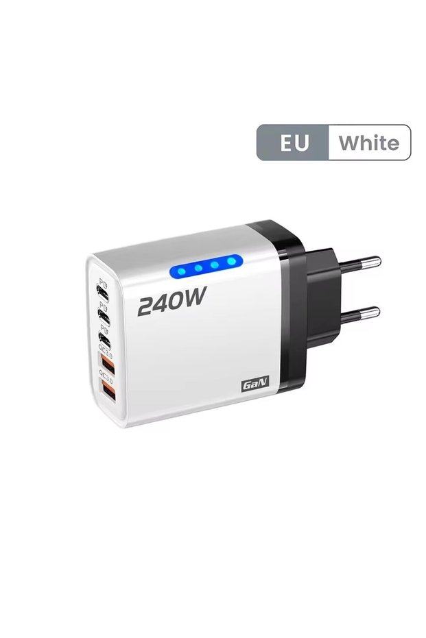 White-EU 240w Gan Fast Charger With Led Light 2usb+3type-C 5 In 1 Multi Port Phone Charger For Iphon