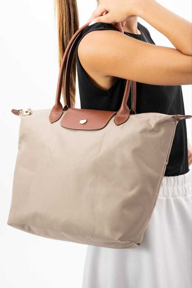 Women's Leather Detailed Foldable Fabric Shoulder and Shoulder Bag