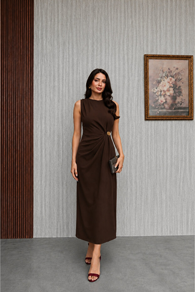 Drapeli Gold Accessory Detailed Brown Dress