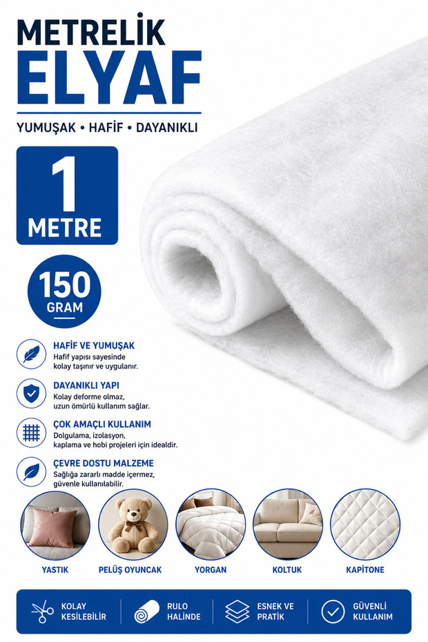 1 Meter 150 Gr Meter Fiber – Thick White Roll Fiber Filling and Covering Material – for Pillows, Quilts, Cushions, Plush Toys, Sofa Upholstery and Quilting