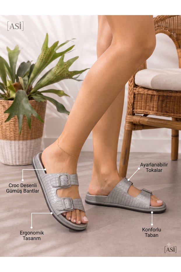 Women's Silvery Double-Strapped Adjustable Buckle Comfort Sole Slippers