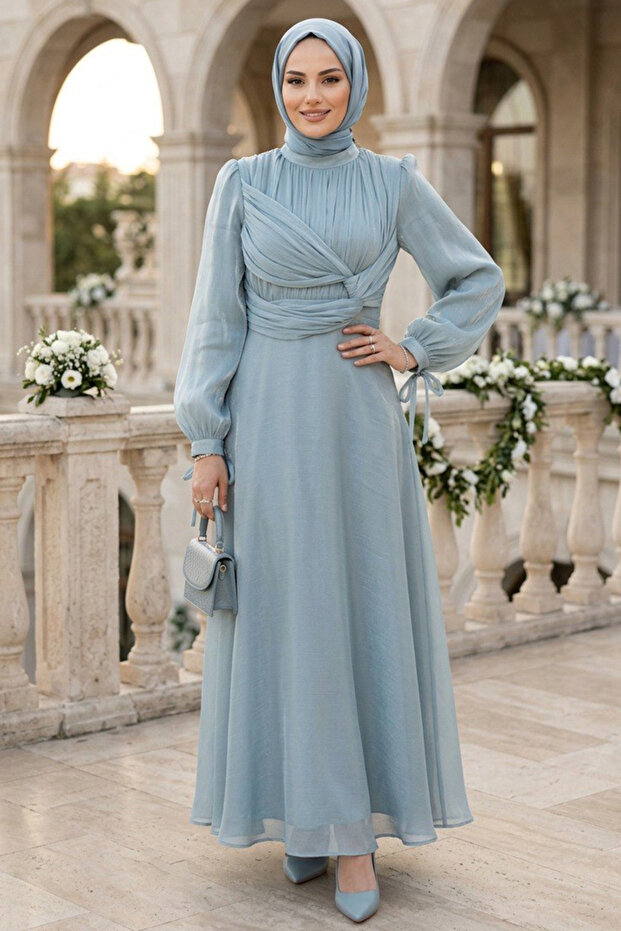 Drape Detailed Mint Hijab Evening Dress 62201Mint