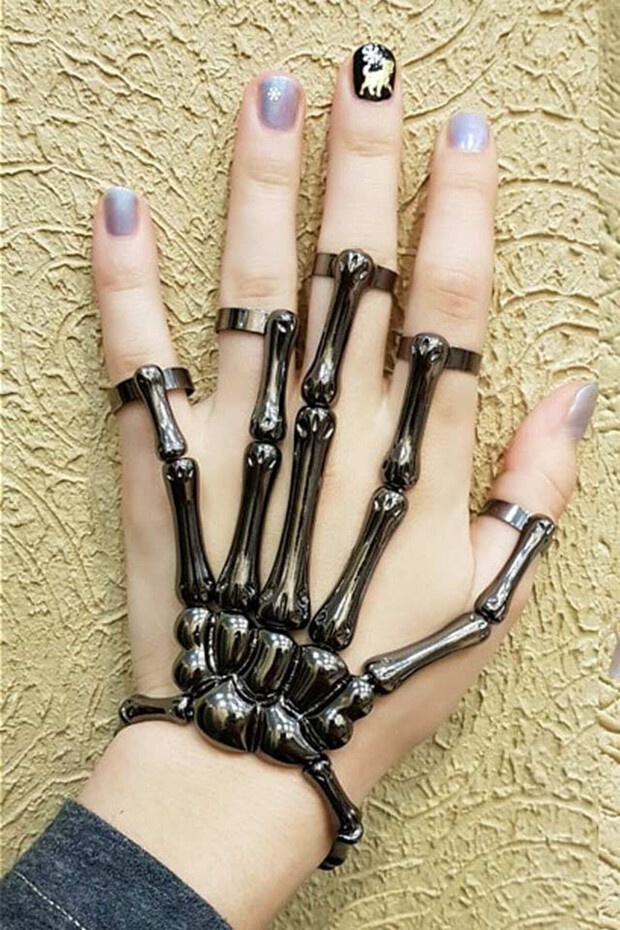 Ring bracelet, phalangeal bone pattern - Black