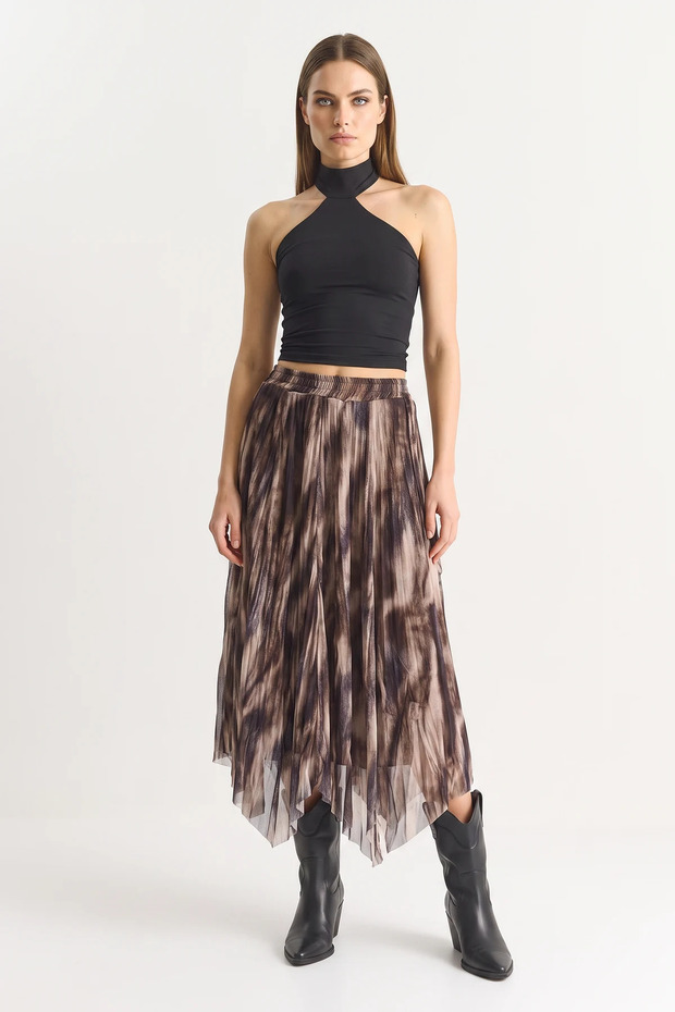 Women's Patterned Asymmetrical Cut Lined Chiffon Brown Beige Skirt