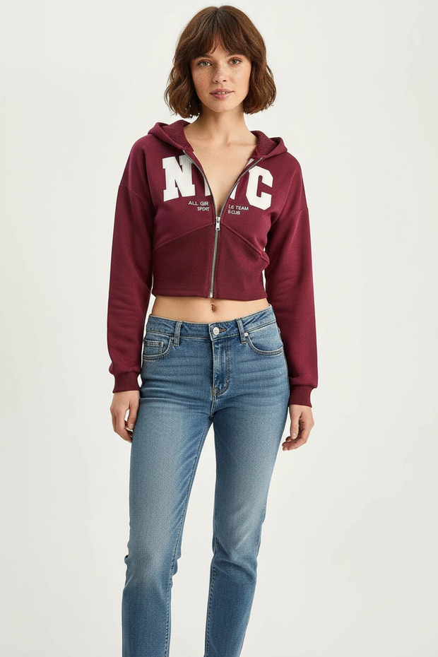 Women's Embroidered Three-Thread Embroidered Hooded Crop Burgundy Cardigan