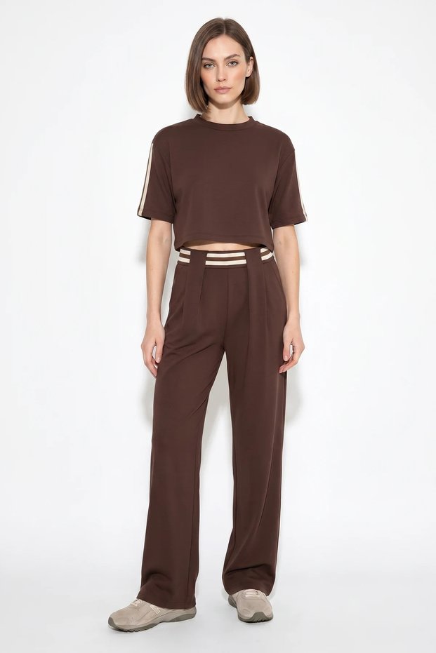 Women's Striped Detailed Crop Blouse High Waist Bitter Coffee Set