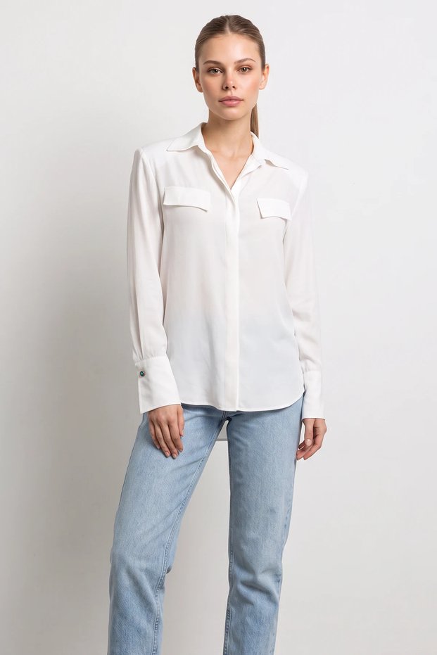 Women's Padded Cross-Collar Detailed Asymmetrical Wide Cuff Modal White Shirt
