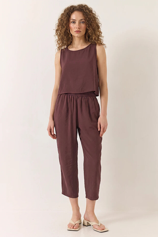 Women's Thick Strap Blouse with Elastic Waist Modal Eggplant Set