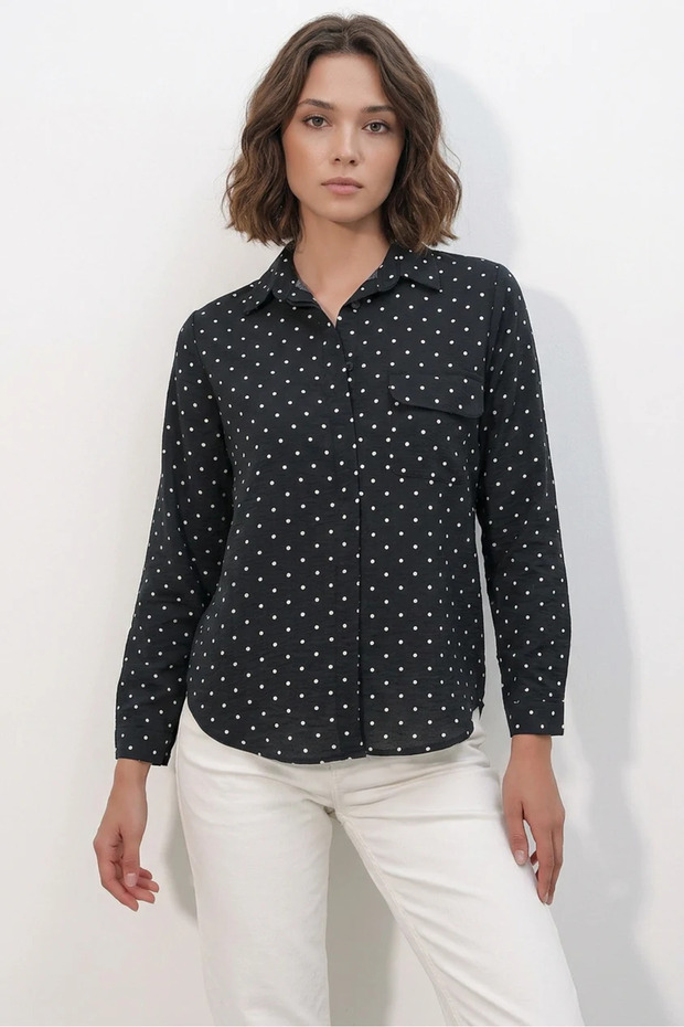 Women's Oversize Single Pocket Polka Dot Black Shirt