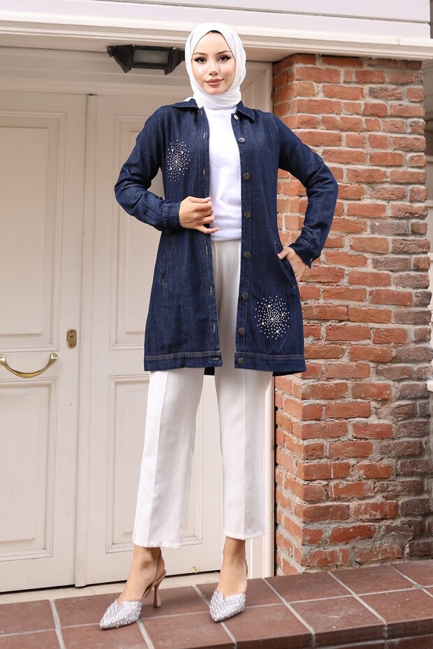 Stone Detailed Denim Shirt Dark Denim 19400