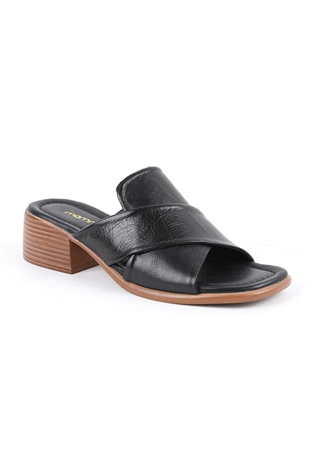 Women's Slippers Classic Genuine Leather Cross-Strapped Blunt Toe Short Block Heels 26Y-1630