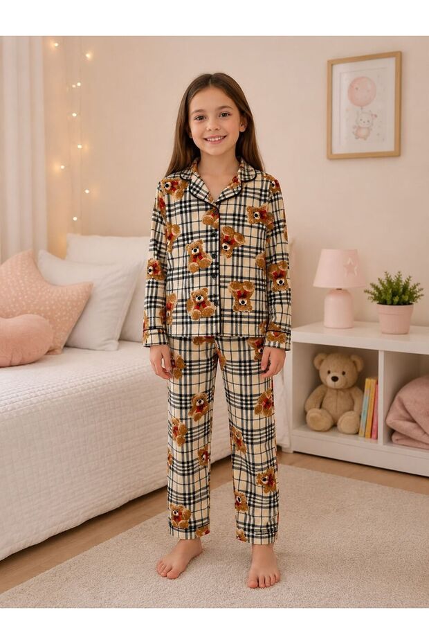 Girl's Suede Fabric Brown Plaid Teddy Bear Patterned Shirt Collar Buttoned Long Sleeve Pajama Set