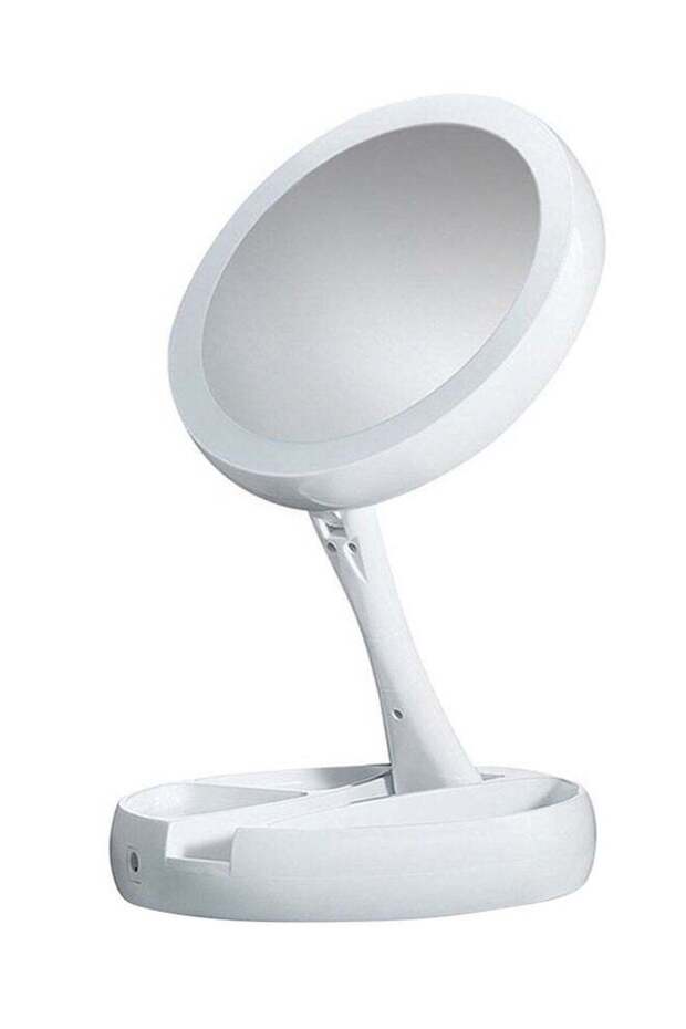 Double-sided LED Makeup Light Desk Mirror Folding Cosmetics Storage Mirror White