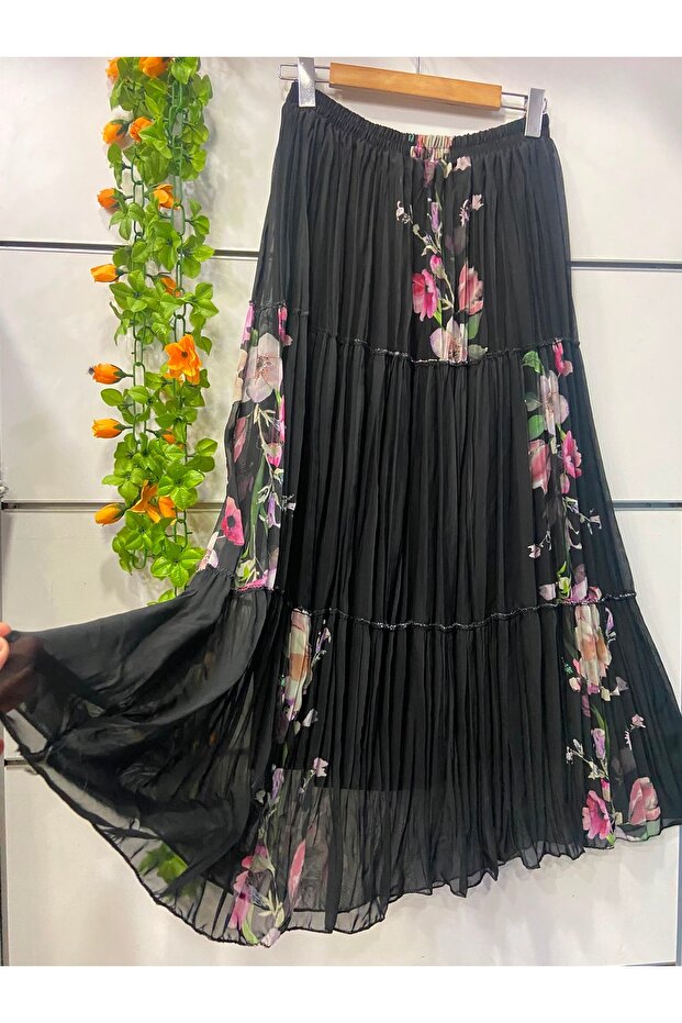 Patterned Three-Layer Chiffon Skirt with Lining