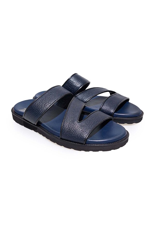 Dark Blue Color Laceless Genuine Leather Men's Slippers