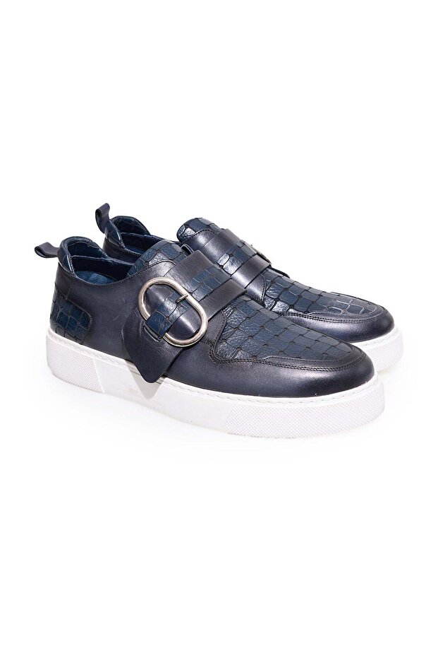 Dark Blue Color Laceless Genuine Leather Men's Shoes