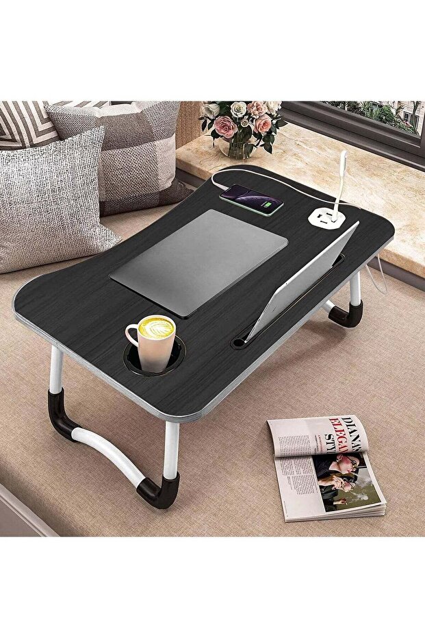 Folding Laptop Desk Standing Bed Table with USB Port/Cup Holder - Ideal for Bed, Couch, Sofa - Multi-Functional Laptop Table