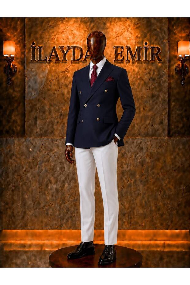 Slim Fit Navy Blue Double-Breasted Suit – Stylish Combination with White Trousers and Shirt