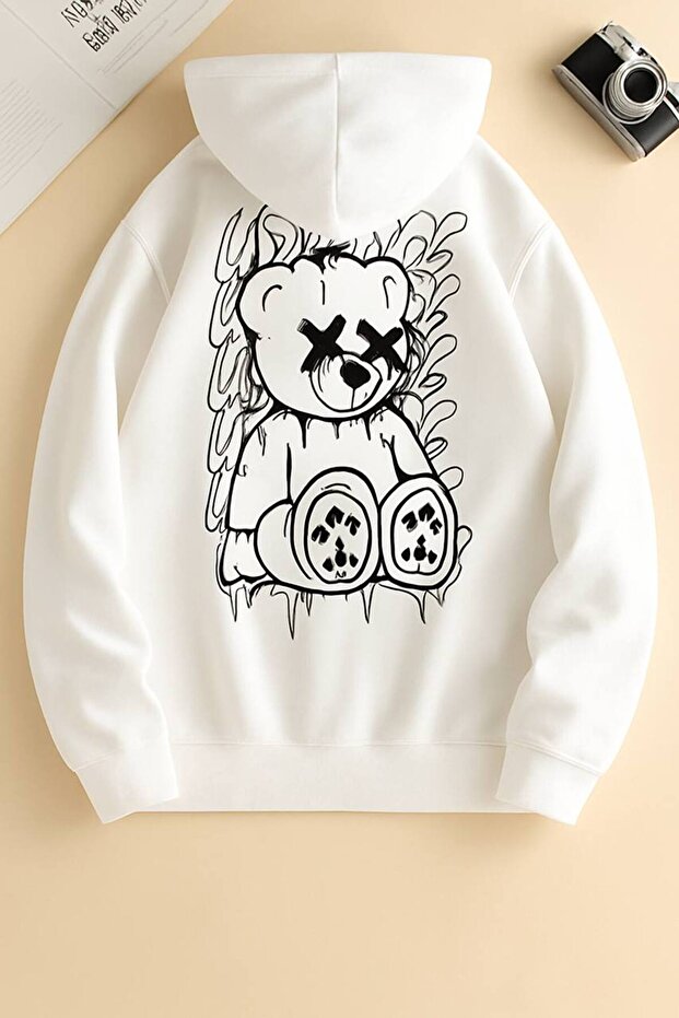 Unisex Oversize 3 Thread Yarn Kangaroo Pocket "Teddy Bear" Printed Hooded Sweatshirt