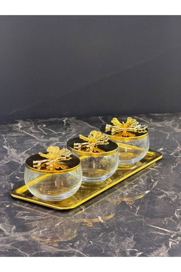 3-Piece Gold Tulip Crystal Glass Snack Bowl – Nuts and Dessert Serving Set with Butterfly Lid Tray - 7 Pieces