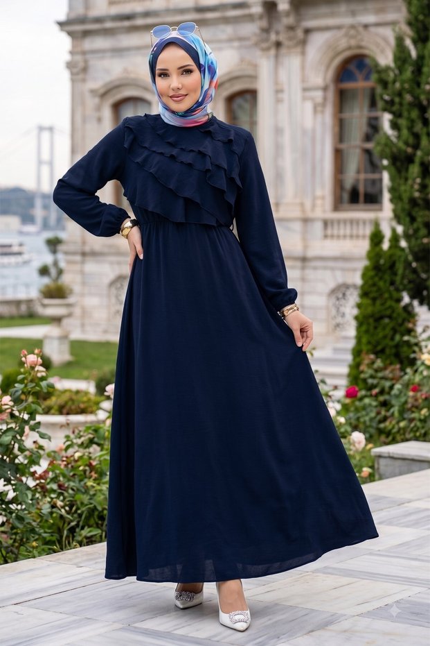 Ayrobin Dress with Fold Detail on the Front Navy Blue Hm2951