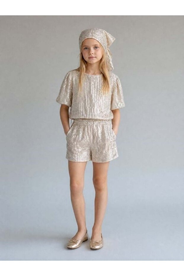 Girl's Sparkling Sequined Short Sleeve Blouse