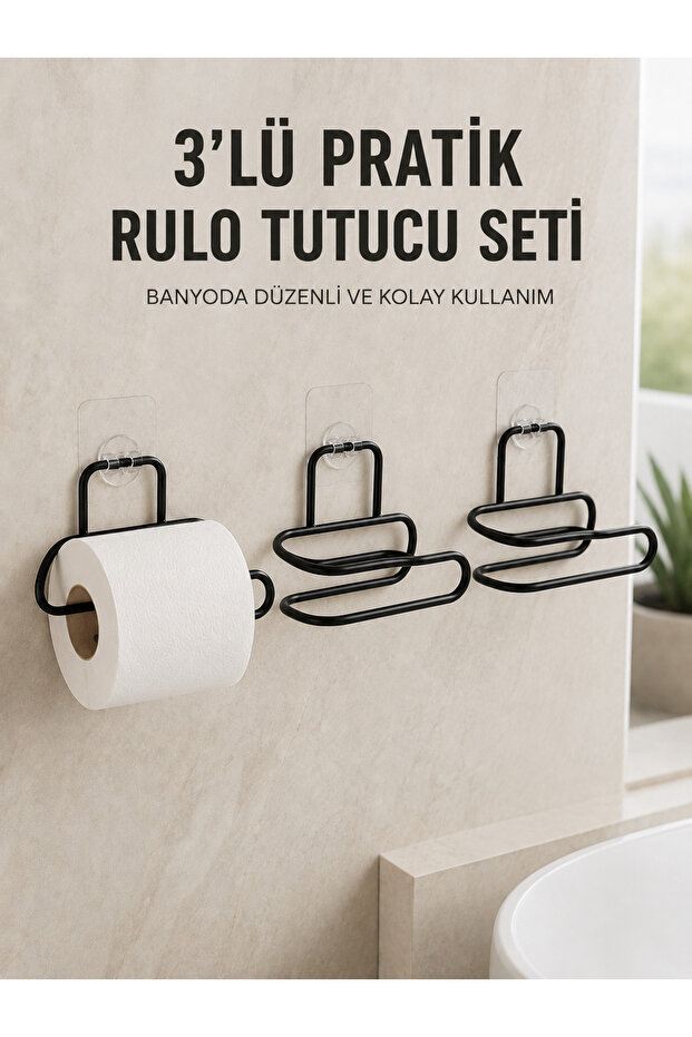 Preminium 3-Piece Adhesive Toilet Paper Holder Set Black Wall Mounted Roll Paper Holder