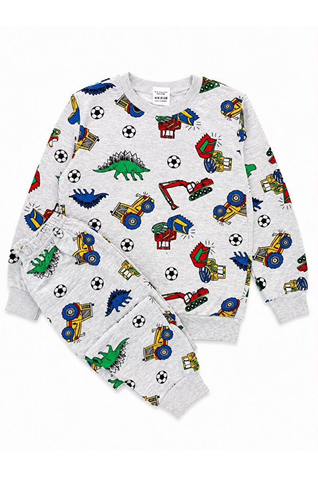 Boy's Cotton Gray Work Machine Top Patterned Long Sleeve Seasonal Pajama Set