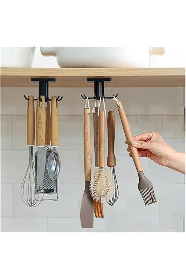 Under Cabinet Utensil Hooks, 360° Rotating, Black, Adhesive Mounting, 6x5x3cm, Kitchen Tools Storage Rack, 2 Pack