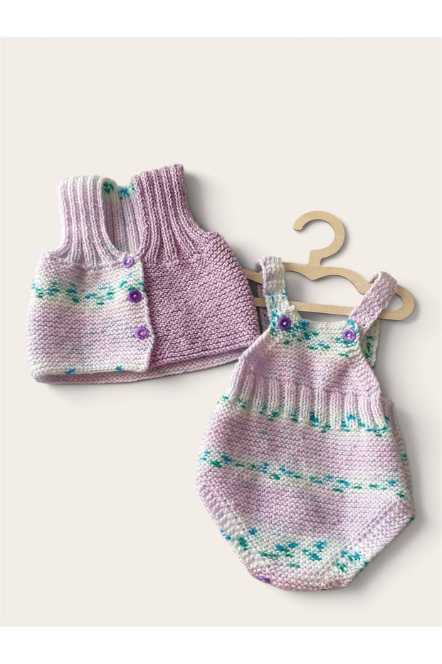 Baby Hand-Knitted Romper Vest Set Lilac White Green 0-6 Months Photo Shoot Outfit