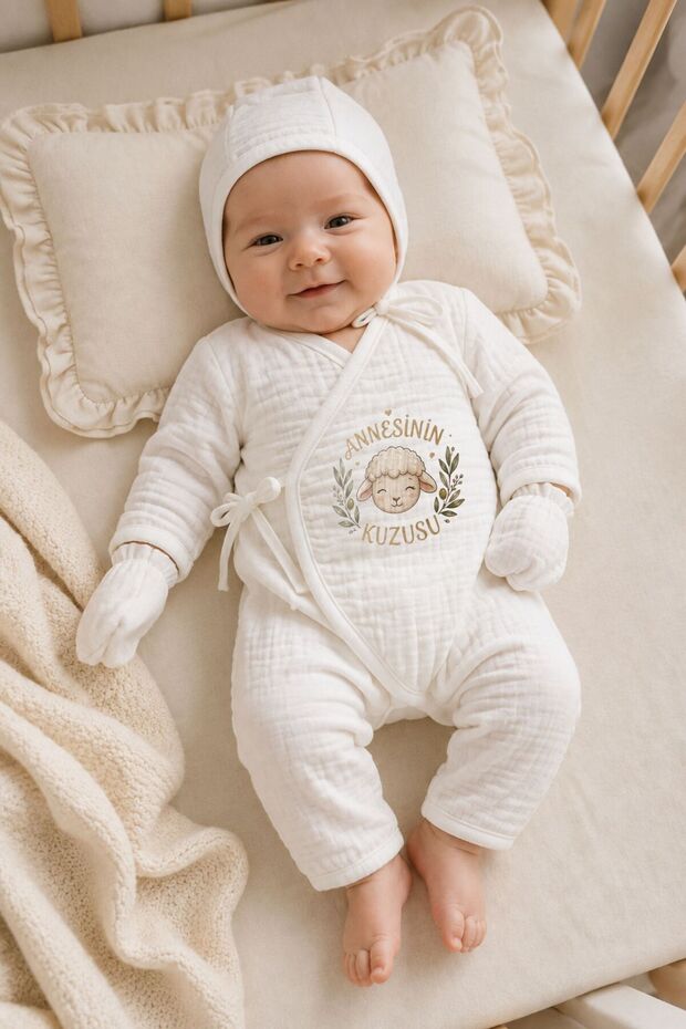 3 Piece 100% Cotton Muslin Ecru Mother's Lamb Printed Double Breasted Hospital Discharge Set 0-3 Months