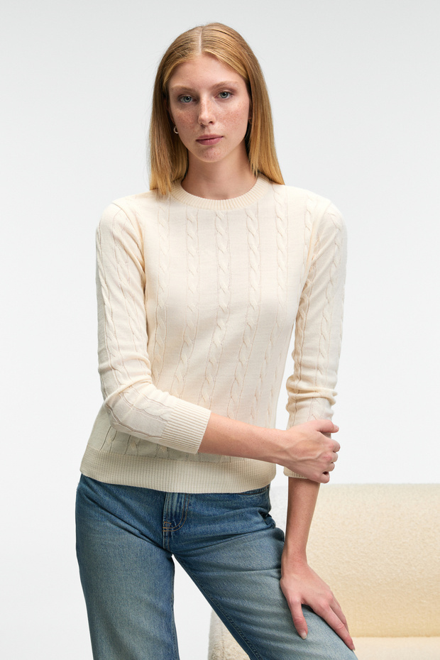 Querida women's round neck hair braided regular fit knitwear ecru sweater