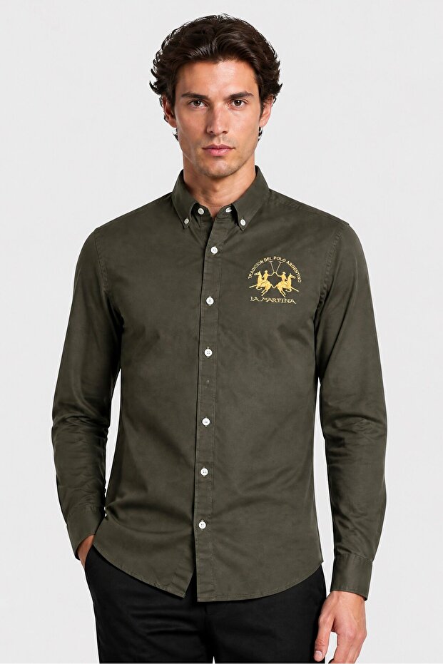 Men Slim Fit Embroidered Logo Long Sleeve Casual Shirt, Olive