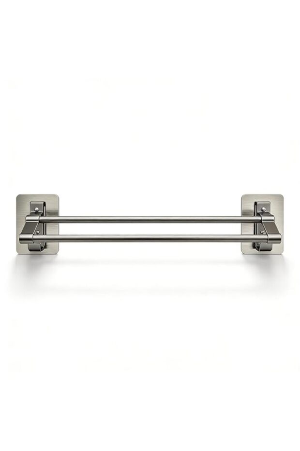 50 cm Towel Rail No Drill Wall Mount Double Rods with 2 Hooks Rustproof Towel Shelf for Bathroom Kitchen Tile Glass Wall Organizer Storage Rack Gray