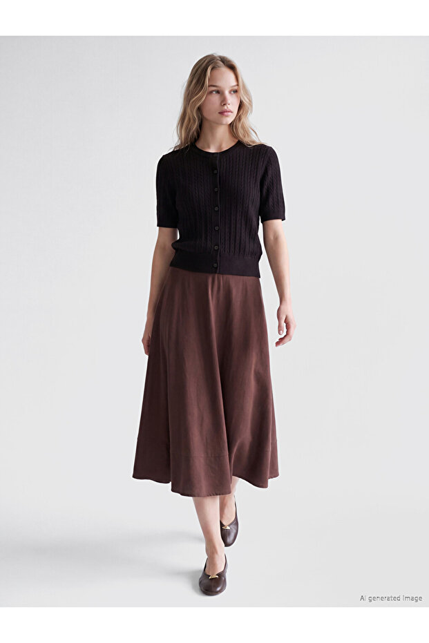 Brown Elastic Waist Poplin Flared Skirt