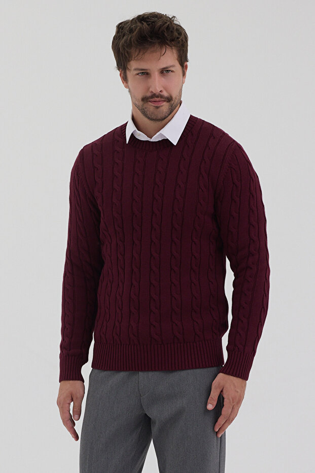 Pales Men's Burgundy Hair Braided 100% Cotton Crew Neck Sweater