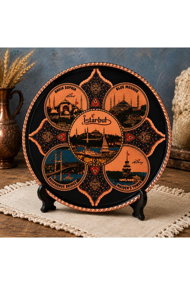25 cm large size istanbul themed copper coffee presentation tray and decorative plate - handcrafted