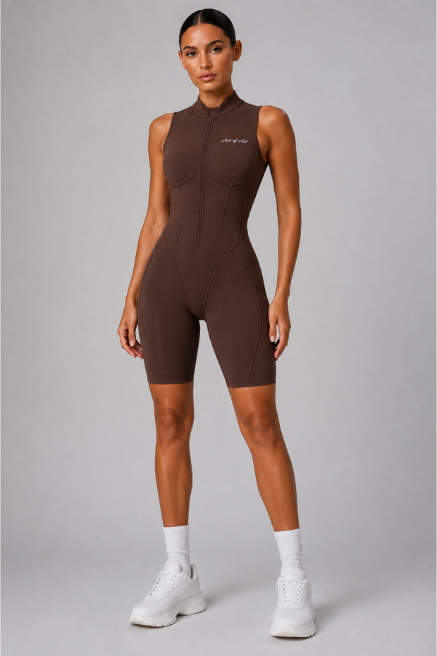 Sculpting Open-Back Zip-Up Biker Jumpsuit – Brown