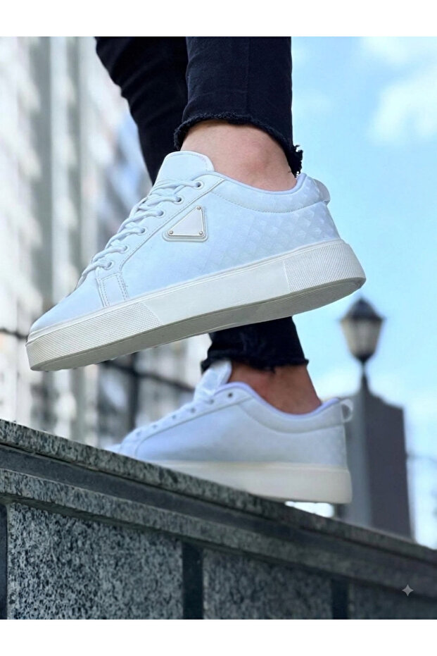 Men's White and Black Sneaker Lace-Up Quilted Patterned Triangle Metal Logo Thick Sole Casual Sports Shoes