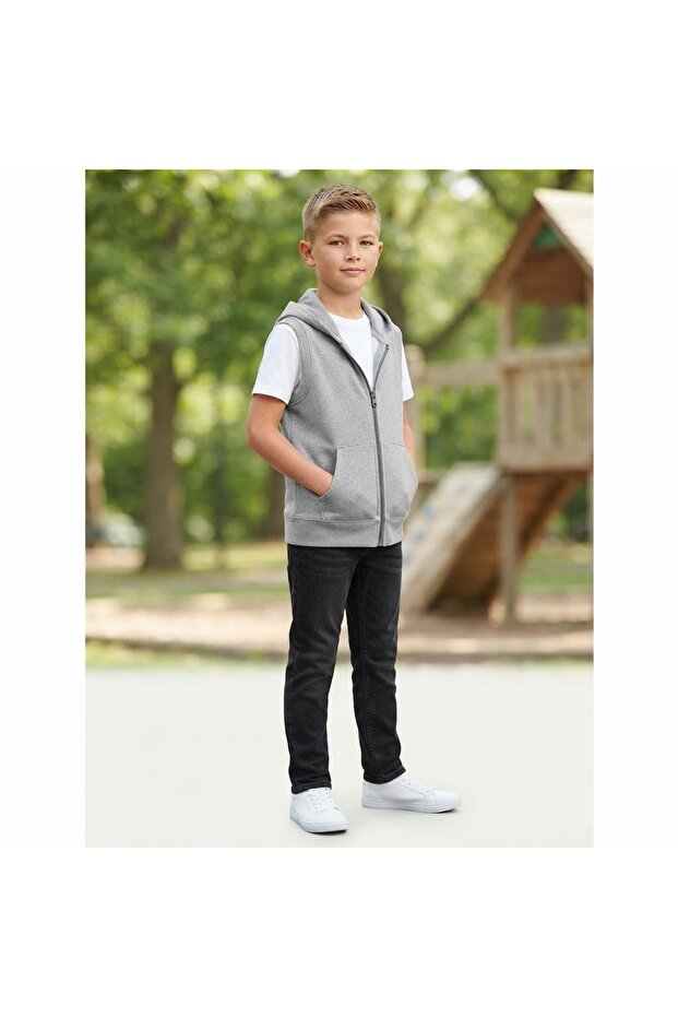 100% Cotton Three Yarn Gray Hooded School Fleece Inner Vest 5Y,7Y,9Y,11Y