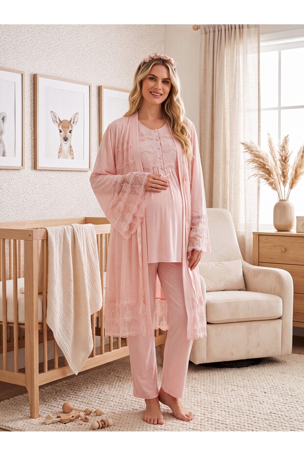 New Season Pink Buttoned Breastfeeding Compatible Design Lace Detailed Short Sleeve Maternity Pajama Set 3-Piece Set