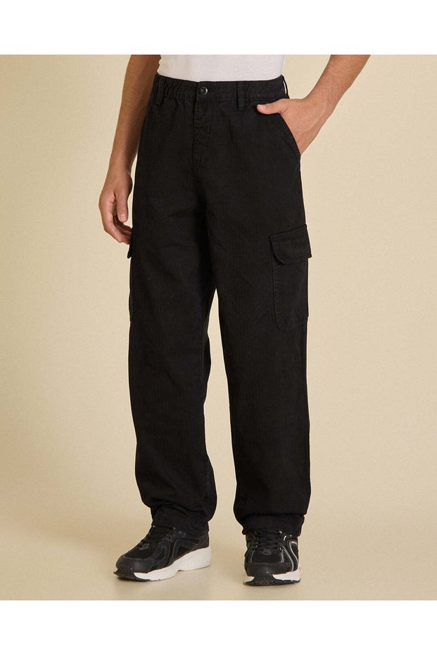 Senior Boys Black Cargo Baggy Casual Trousers