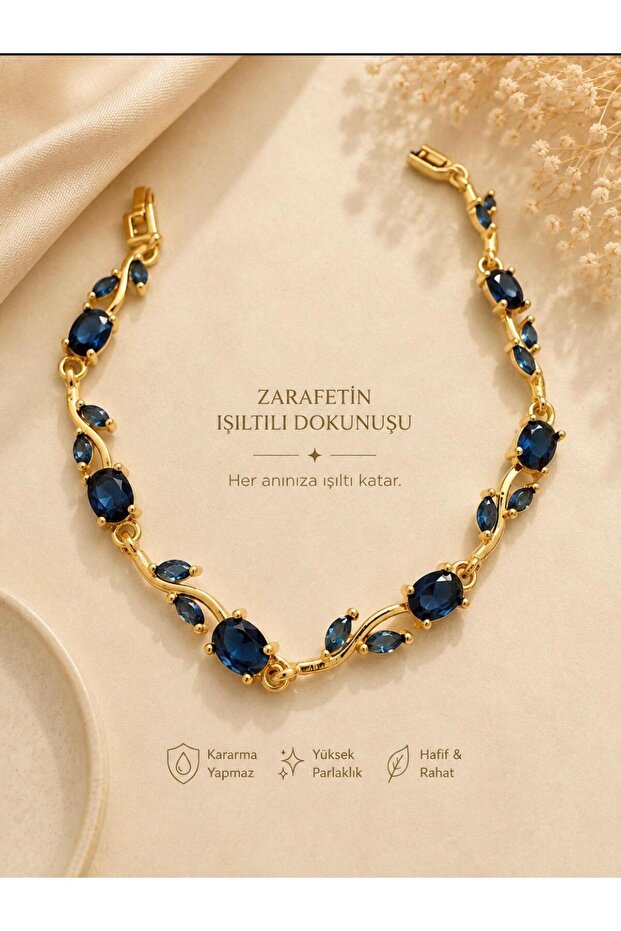 Zircon Stone Dark Blue Leaf Patterned Bracelet