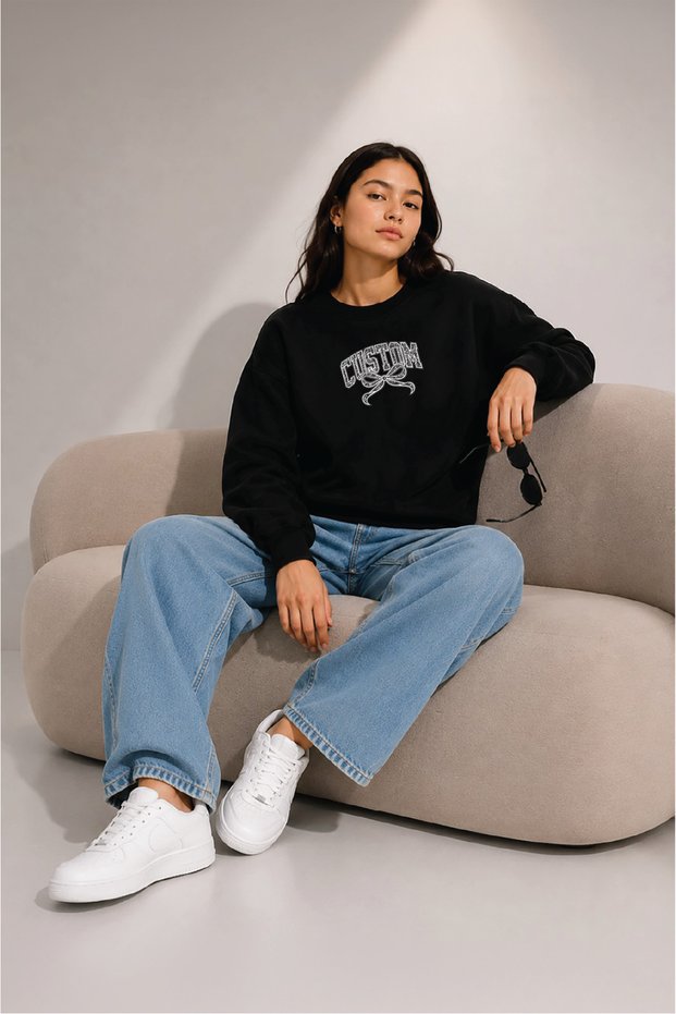 Women's Custom Ribbon Printed Comfortable Fit Crew Neck Black Sweatshirt