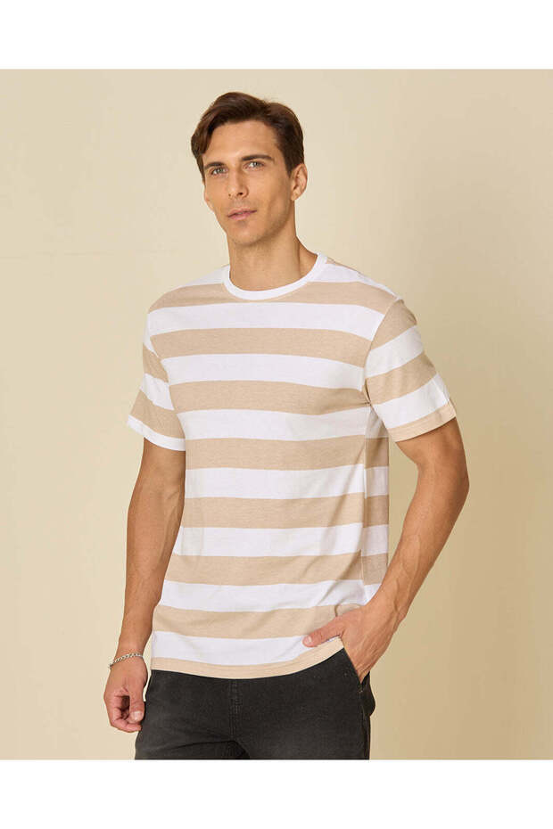 Men Beige And White Striped T Shirt