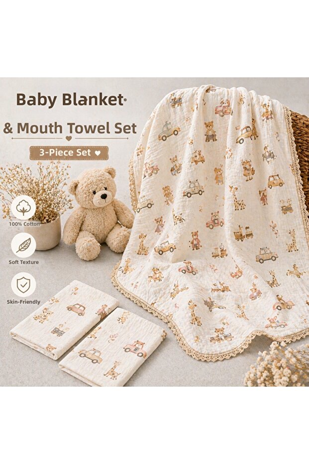 Lace-Trimmed Organic 100% Natural Cotton Double-Layered Muslin Blanket