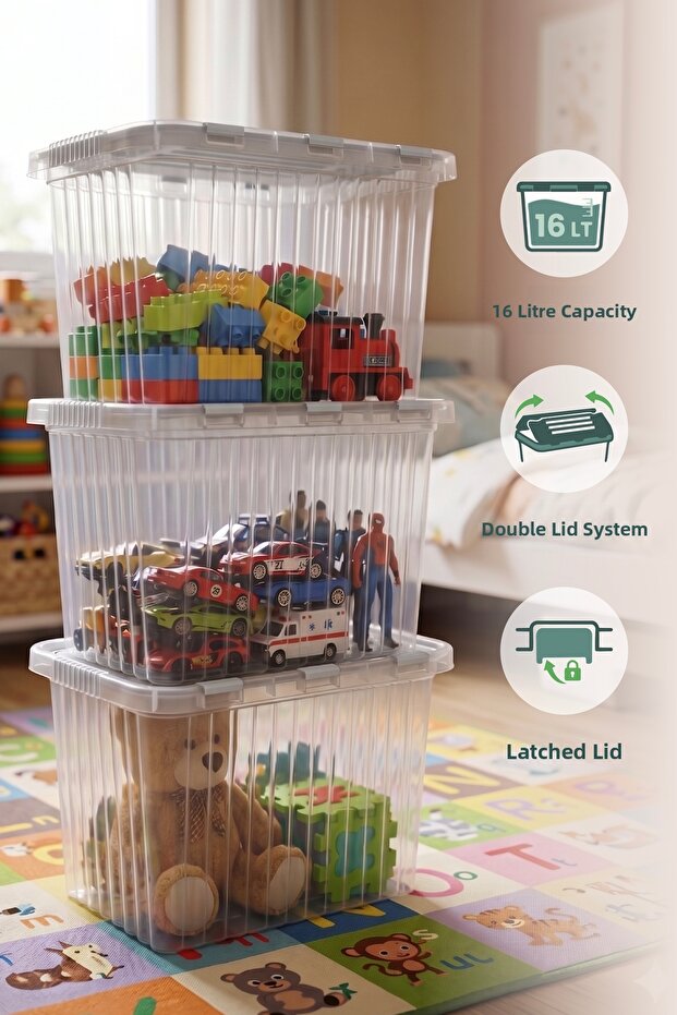3 Pieces Lockable Lid Toy Storage Box - 16 Lt Kids Room Organizer, Toy Storage Box Gray