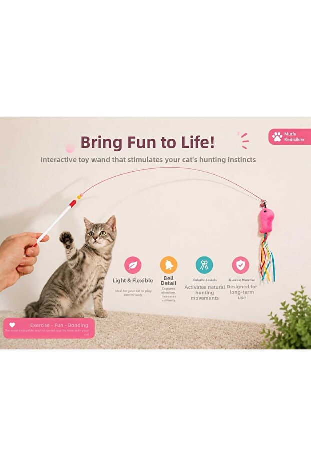 Cat Play Rod Interactive Bell-Plush Mouse Cat Toy Flexible Cat Rod with Colorful Tassels