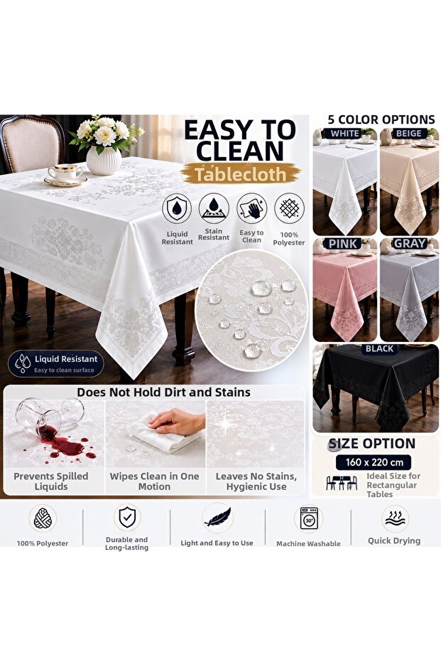 Dertsiz Pano Cream Tablecloth, Erasable, Dirt and Stain Resistant, Liquid Resistant 160-220
