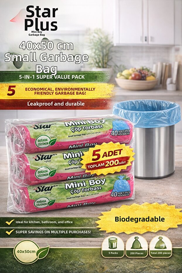 Star Plus Mini Size Garbage Bags 5 Pack of 40 40X50 cm Durable Leak-Proof Small Size Garbage Bag